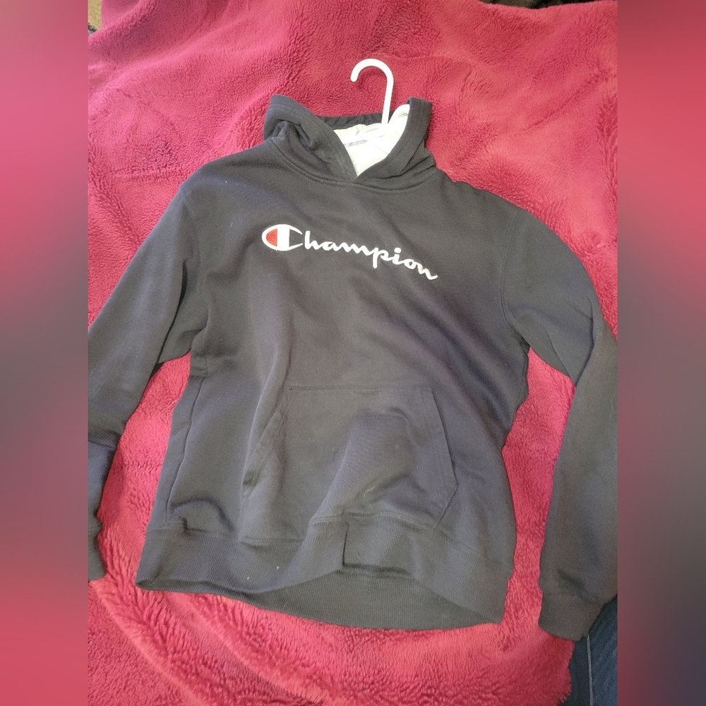 Champion Black Hoodie with White and Red Script Logo